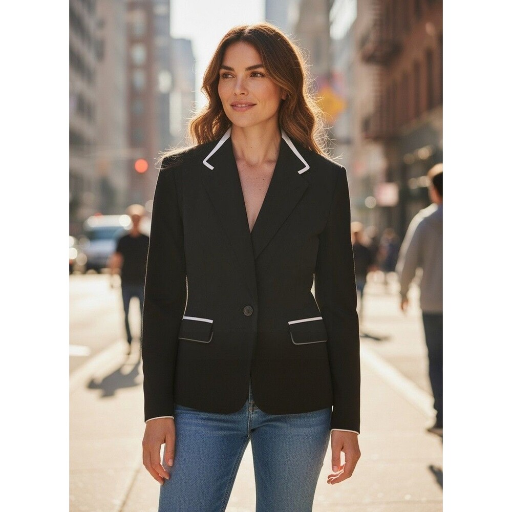 DESIGNER BLACK LABEL BY EVAN PICONE BLACK WHITE TRIM FULLY LINED BLAZER 14.R